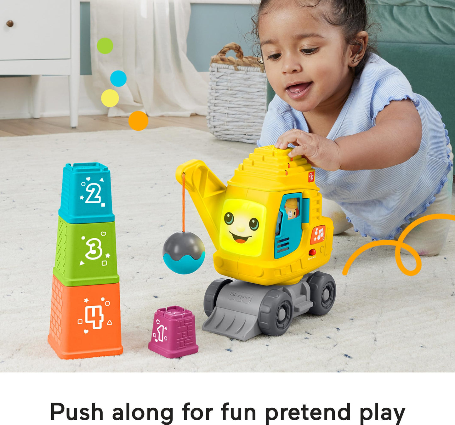 Fisher-Price Baby & Toddler Count & Stack Crane with colorful blocks, lights, music, and sounds for infants 9 months and up.