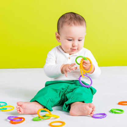 Bright Starts Lots of Links Rings Toys in various colors, BPA-free, designed for strollers and carriers, suitable for ages 0 months+