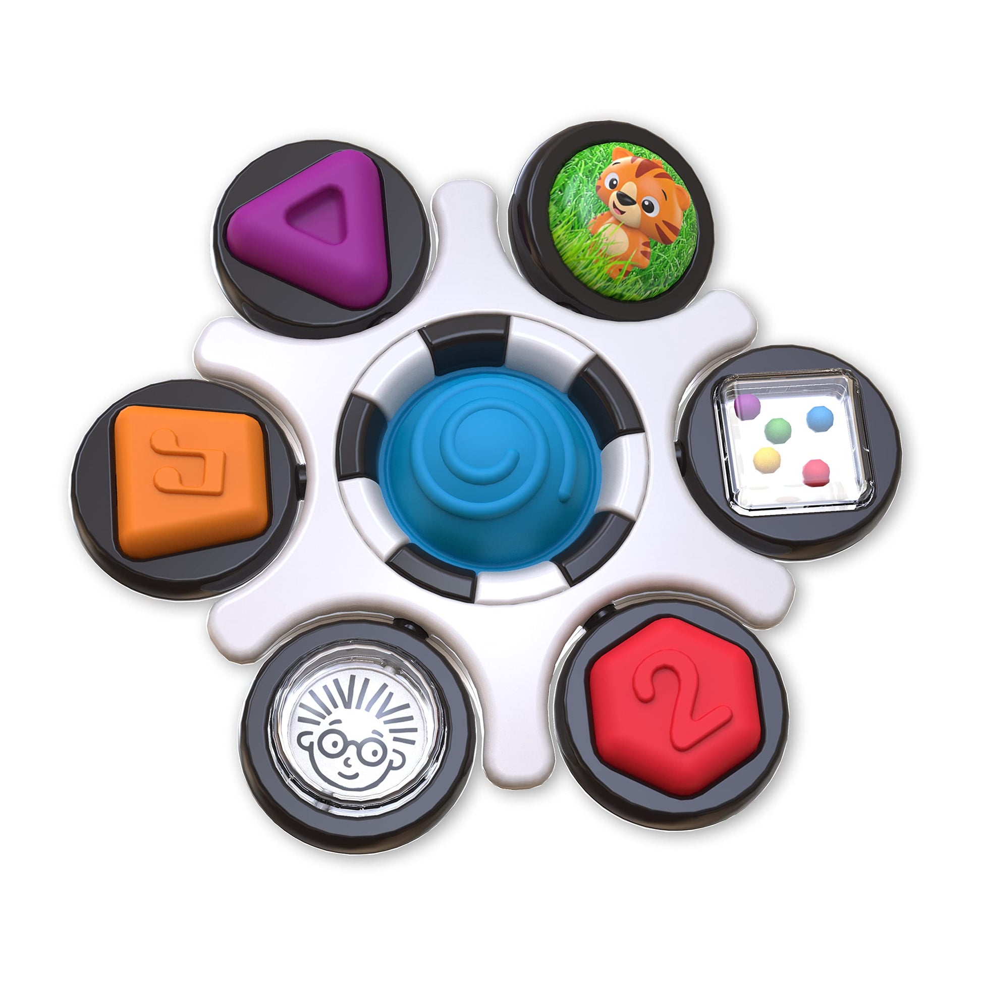 Baby Einstein Curiosity Clutch fidget toy and Pop It rattle for infants, BPA-free teether suitable for ages 3 months and up.