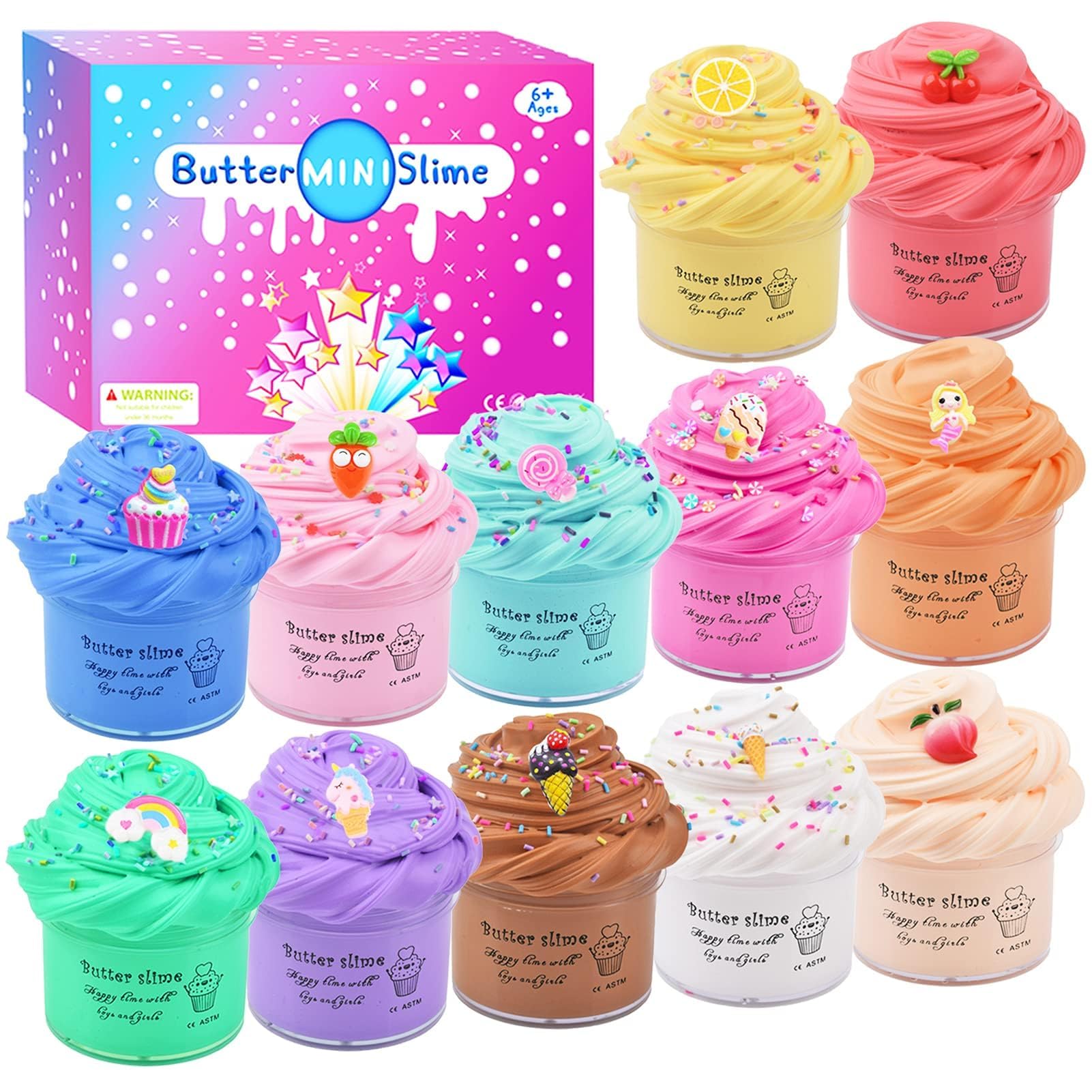 Petyuioyu fluffy slime kit with 12 butter slime packs, including rainbow unicorn and fruit slime, soft, non-sticky stress relief putty
