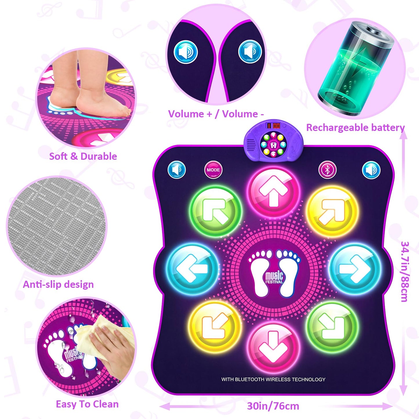 LEAPRCSTORE light-up dance mat for girls with colorful surface, featuring six game modes, designed for kids aged 3 to 10+.