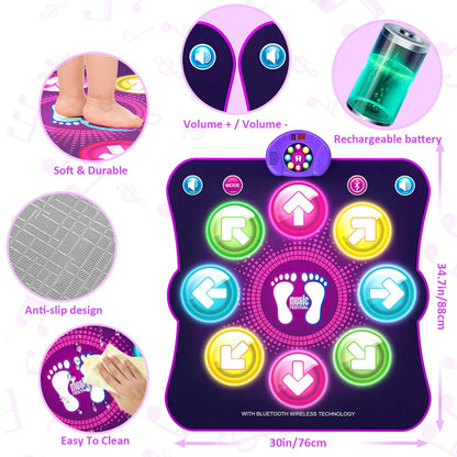 LEAPRCSTORE light-up dance mat for girls with colorful surface, featuring six game modes, designed for kids aged 3 to 10+.