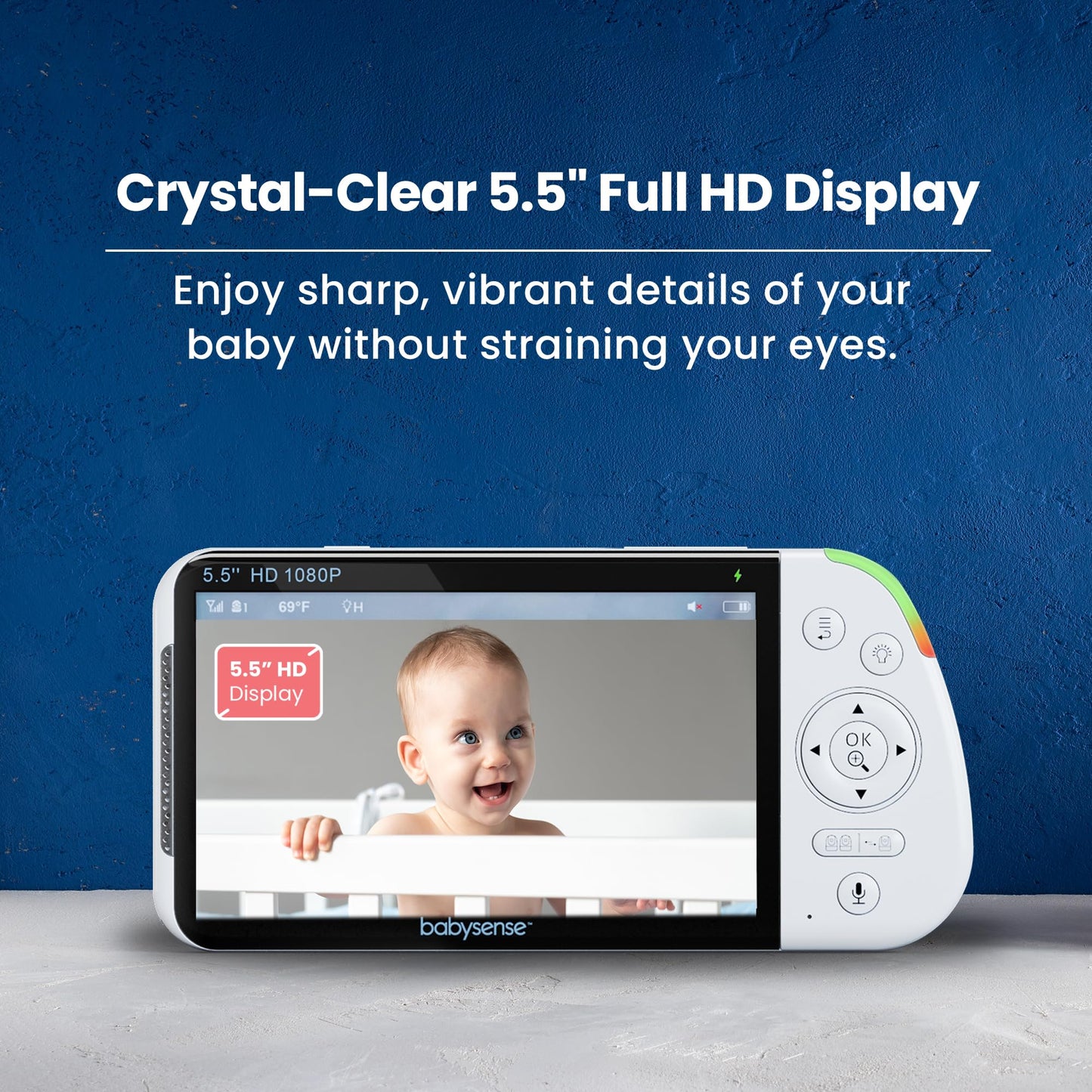 Babysense Full HD split-screen baby monitor with 2 PTZ cameras, night light, two-way talk, long range, and crystal-clear audio.