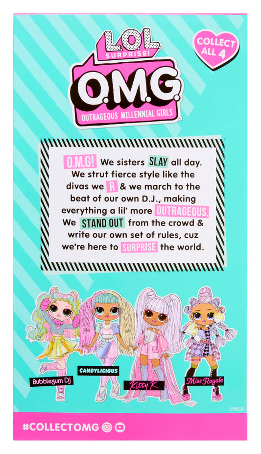 L.O.L. Surprise! OMG Doll Bubblegum D.J. in stylish outfit with accessories, showcasing her vibrant colors and unique style.