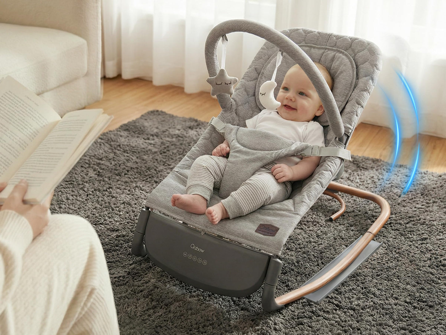 Orzbow electric baby bouncer with ergonomic swing chair, touch control, 3 speeds, lullabies, and adjustable volume in dove grey