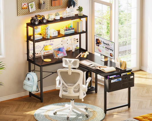 Black Coleshome L-shaped gaming desk with LED lights, power outlet, shelves, storage bag, and hook for home office use.