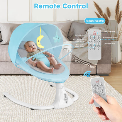 Blue electric baby swing chair with remote control, Bluetooth music, 4 speeds, removable seat cushion, suitable for all seasons.