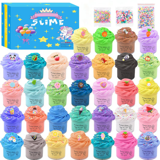 Set of 32 fluffy mini butter slime jars from Rowecvce with scented, soft, non-sticky slime, cute charms, ideal for kids' party favors.