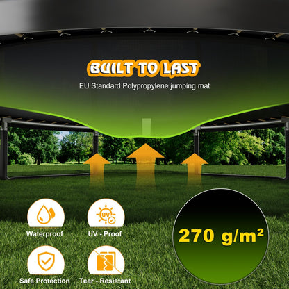 Devoko 12ft outdoor garden trampoline with safety net, non-slip ladder, shoe organizer, suitable for toddlers and adults.
