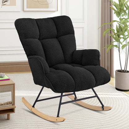 Aunekiv Rocking Chair for Nursery, Teddy Upholstered Glider Nursing Chair for Adults, Comfy Rocking Armchair Indoor for Living Room Bedroom, Black