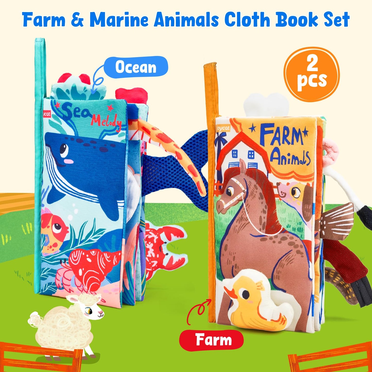 JoyCat baby sensory cloth books for infants aged 0-6 months, featuring touch-and-feel textures and crinkle pages for tummy time.