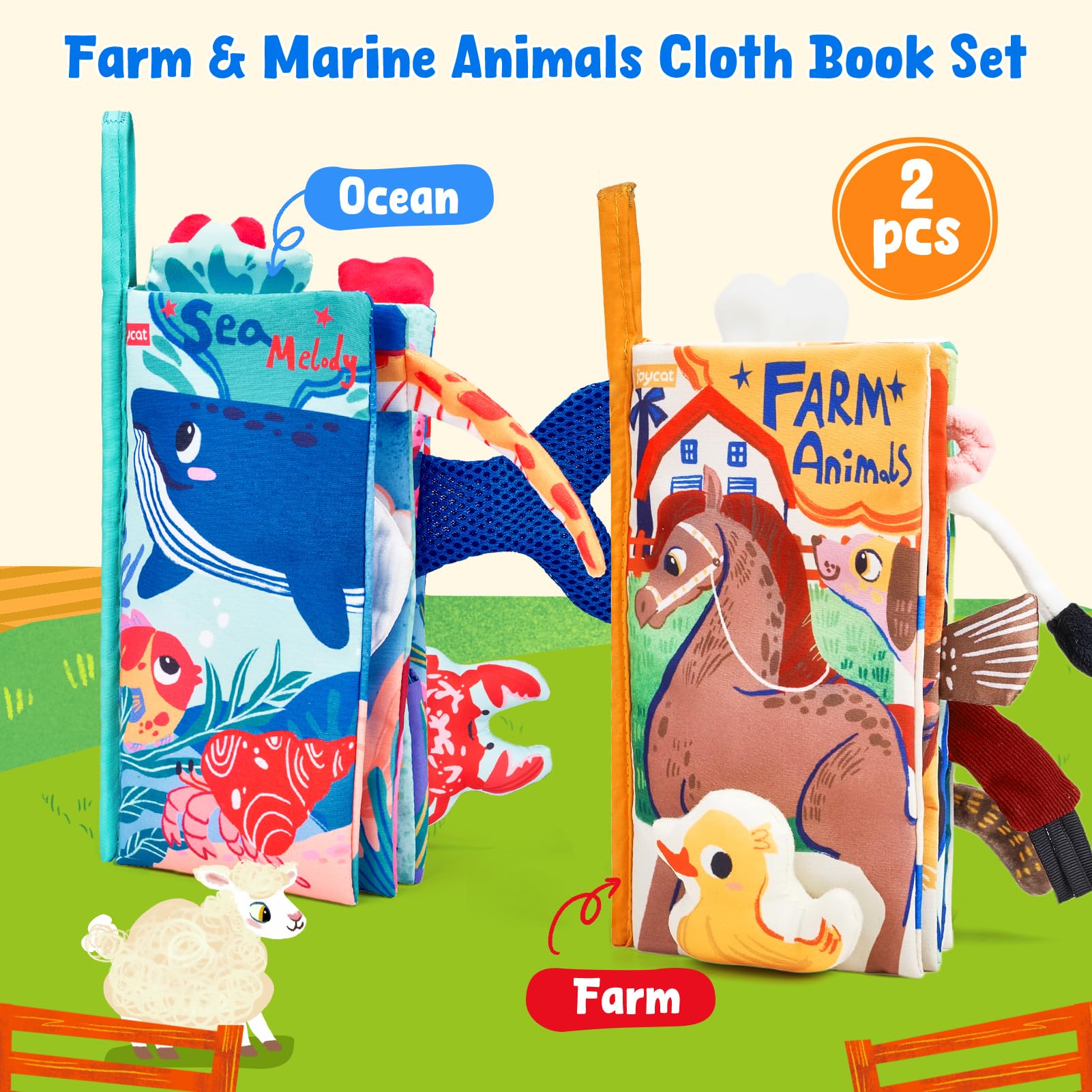 JoyCat baby sensory cloth books for infants aged 0-6 months, featuring touch-and-feel textures and crinkle pages for tummy time.
