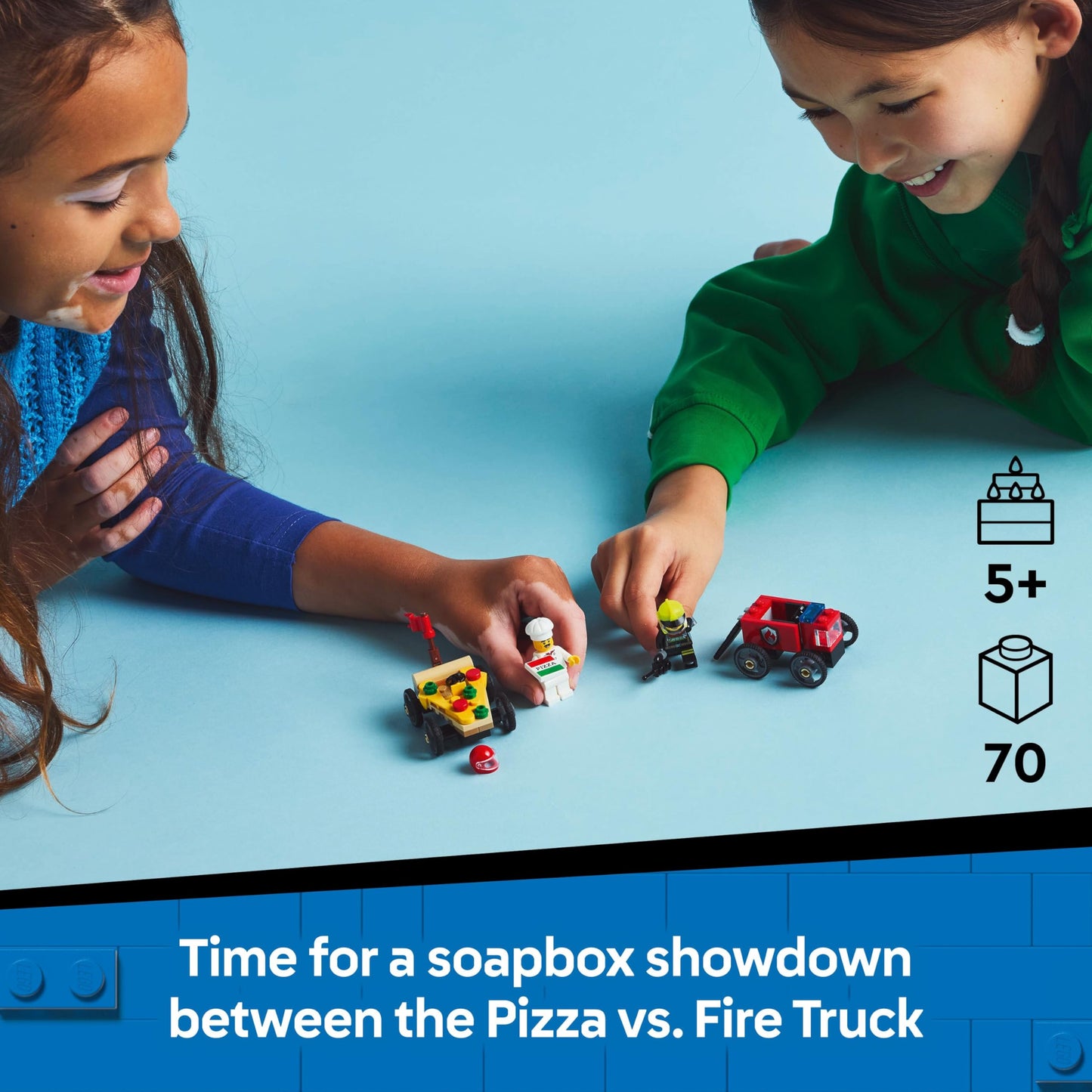 LEGO City Pizza vs. Fire Truck Race Car Pack with 2 minifigures, colorful soapbox cars for imaginative play.