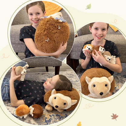 MorisMos Big Hedgehog Teddy Soft Toy, 35cm Mom with 4 Cuddly Baby Inside, Giant Fluffly Hedgehog Stuffed Animal Realistic Kawaii Gift for Kids Birthday Deco