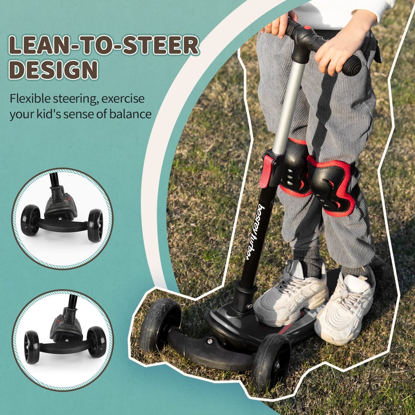 besrey kids scooter with big wheels, flashing LED lights, foldable design, adjustable height, and three-wheel safety for children ages 3-10.