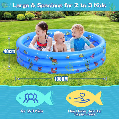 LATERN Paddling Pools for Kids, 100CM x 40CM Inflatable Baby Swimming Pool 3 Ring PVC Non-slip Bath Tub Pools for Toddlers Children Family Outdoor Garden Backyard Water Game (Blue)