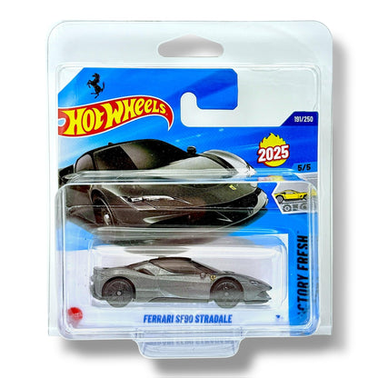 Dark metallic silver Hot Wheels Ferrari SF90 Stadale displayed in a KLAS Car Keeper Protector Case.