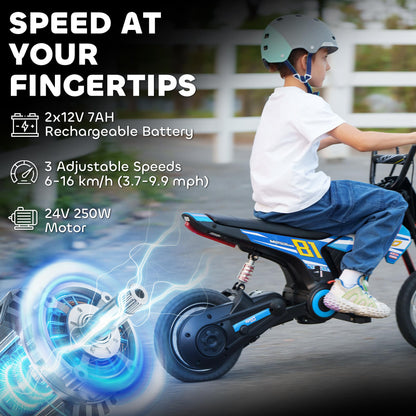 AIYAPLAY kids electric motorbike with 12-inch inflatable tires, 24V battery, 250W motor, rear suspension, blue ride-on dirt bike