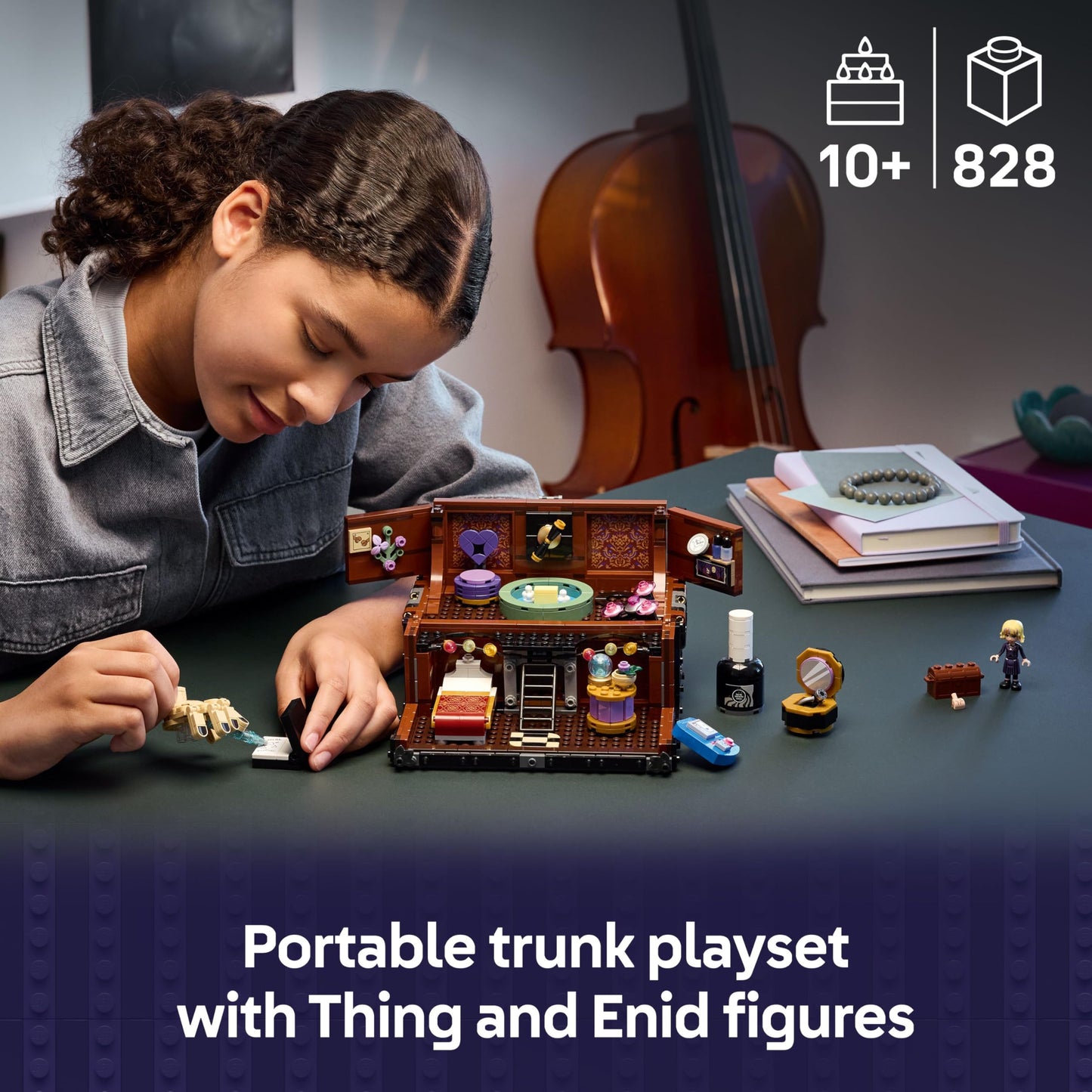 LEGO Wednesday Thing's Apartment set featuring Enid mini doll, Thing figure, and accessories for creative play.