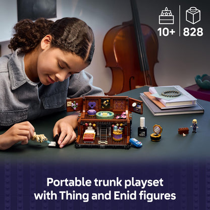 LEGO Wednesday Thing's Apartment set featuring Enid mini doll, Thing figure, and accessories for creative play.