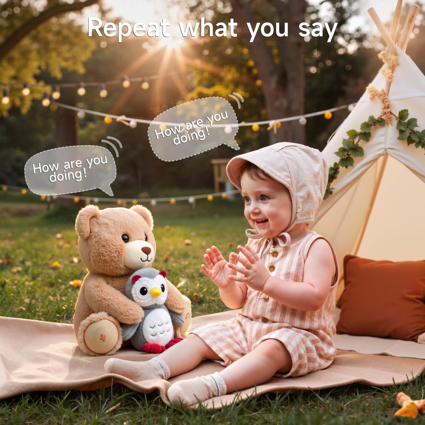 eJog Pup musical bear stuffed animal with owl, soft plush toy for kids, interactive talking plushie, perfect gift for toddlers