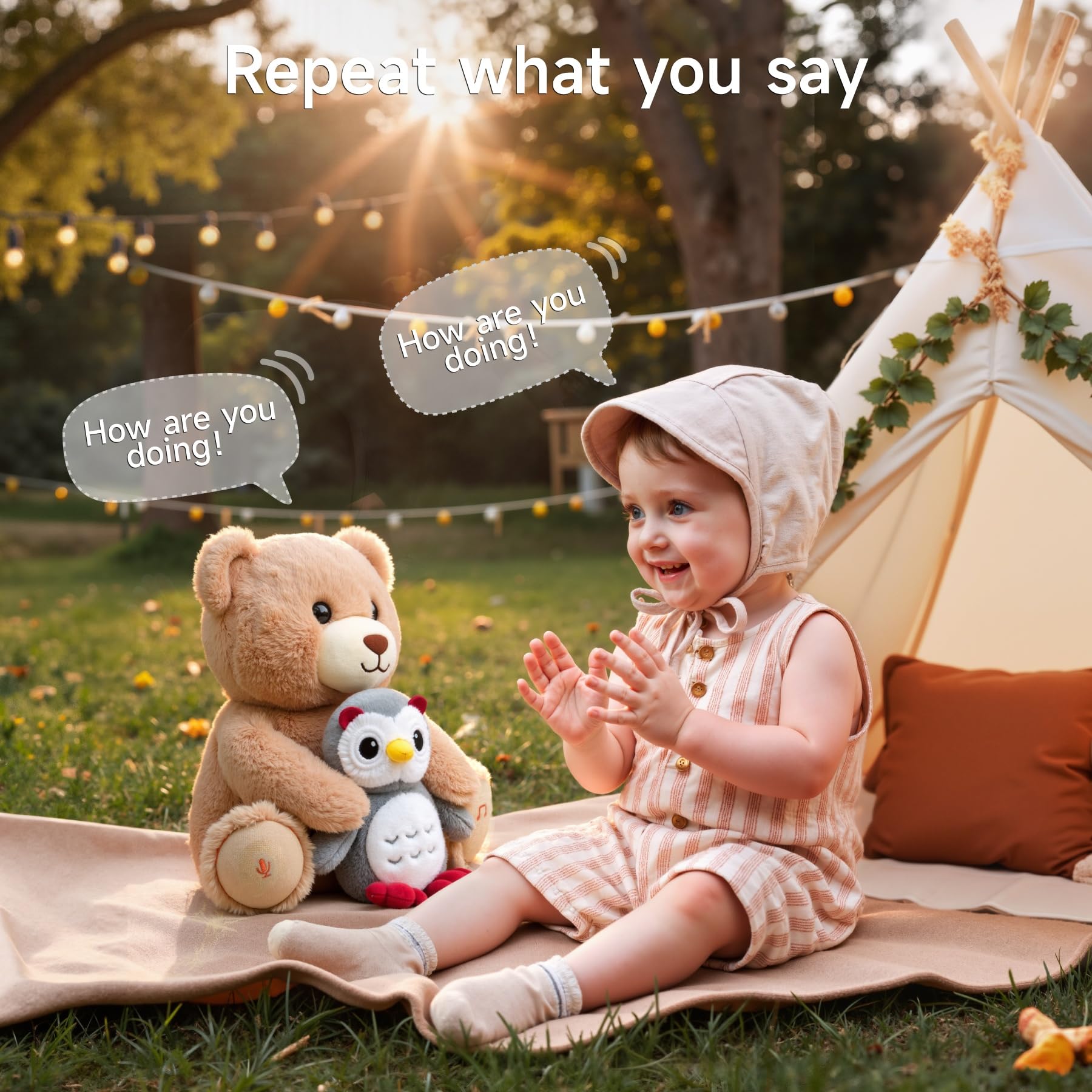 eJog Pup musical bear stuffed animal with owl, soft plush toy for kids, interactive talking plushie, perfect gift for toddlers