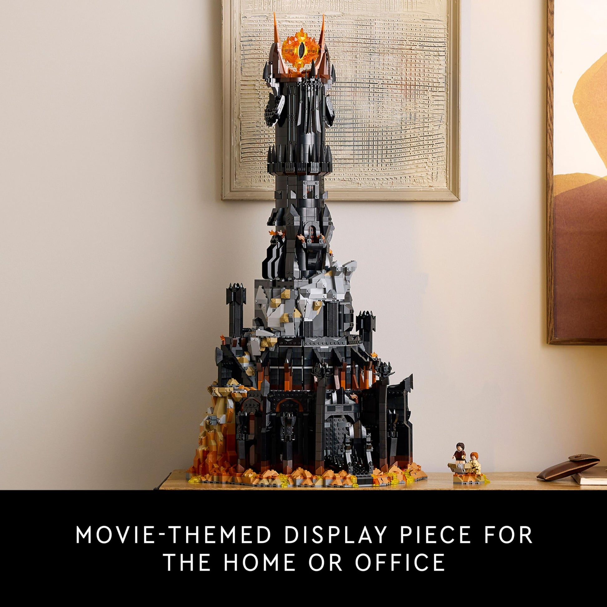 LEGO Icons Barad-dûr model set with minifigures of Sauron, Frodo, Sam, Gollum, and Gothmog from The Lord of the Rings.