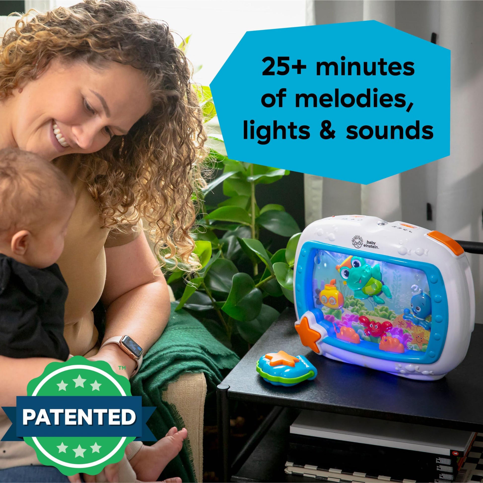 Baby Einstein Sea Dreams Soother crib toy with remote, calming lights, melodies, and sleep aid features for newborns and babies.