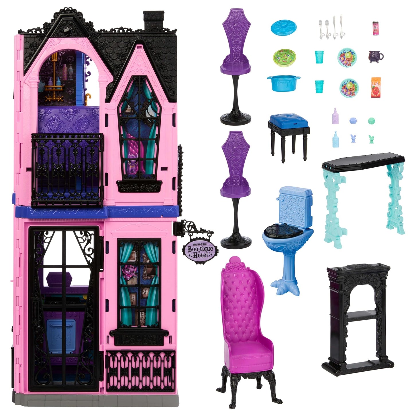 Monster High Boo-tique Hotel Doll House playset featuring spooky decor, furniture, and accessories in a foldable design.