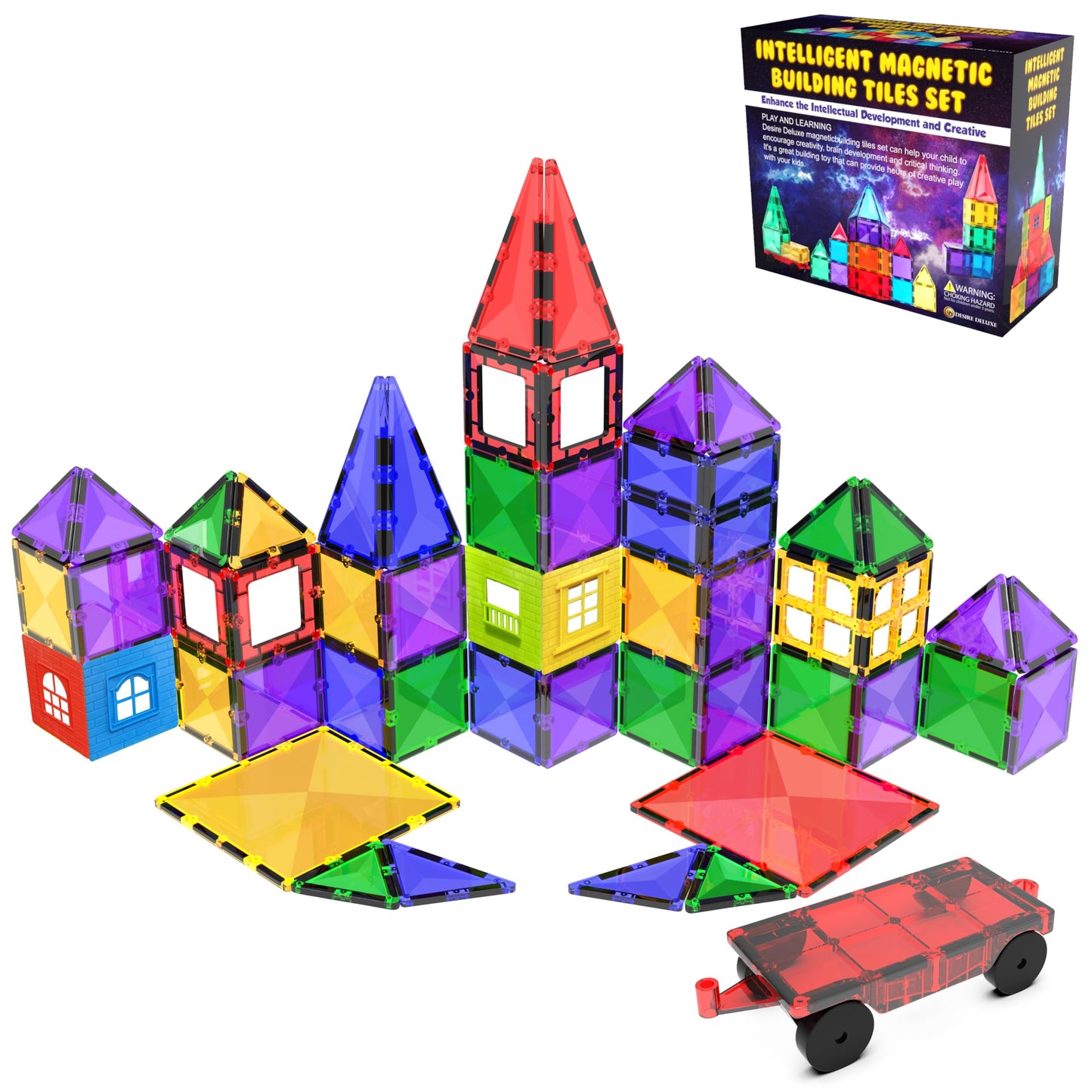 Desire Deluxe magnetic building blocks STEM toy set with 57 colorful tiles for kids aged 3 to 7, educational construction play.