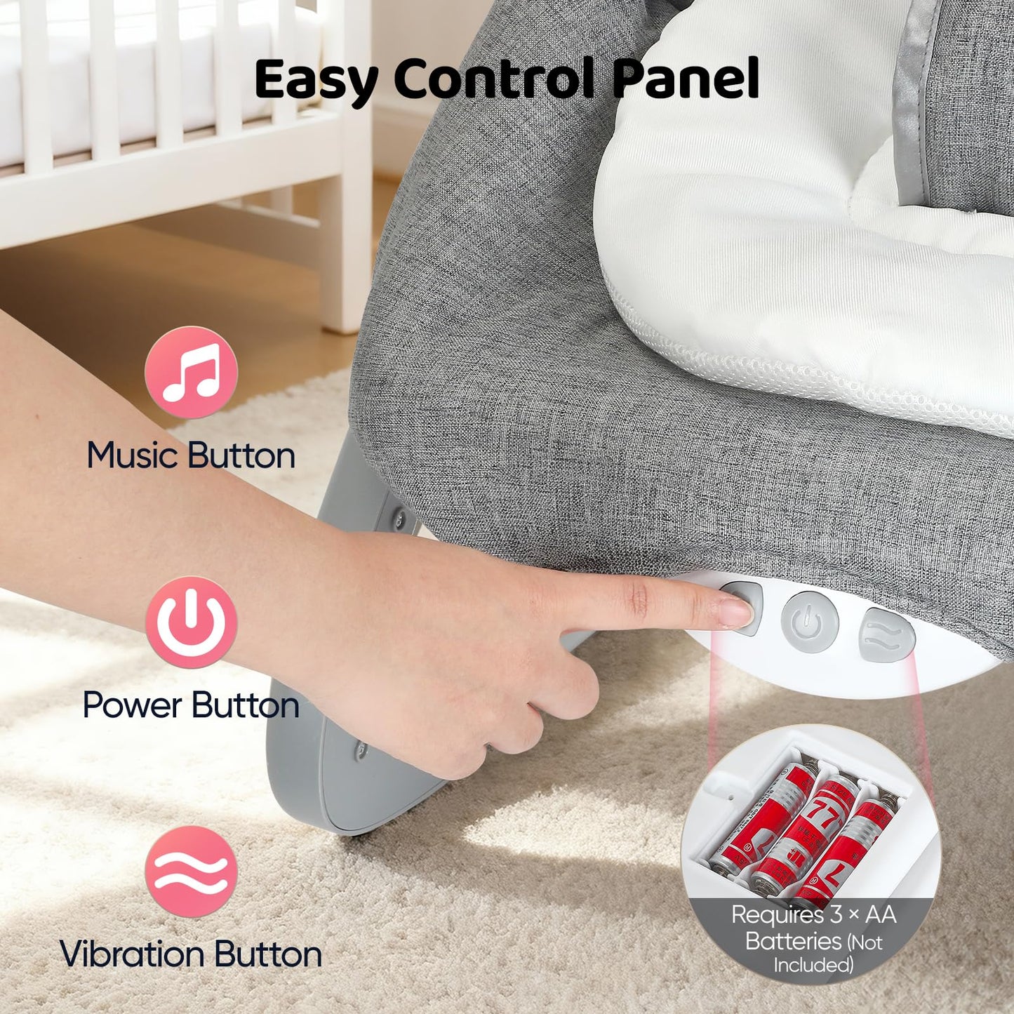 JoyCushy Baby Bouncer, Electric Baby Rocker from Birth Adjustable with Music and Vibration, Suitable for Newborns 0-6 Months Baby Bouncer with 3-Point Harness, Removable Toy Bar with 2 Toys