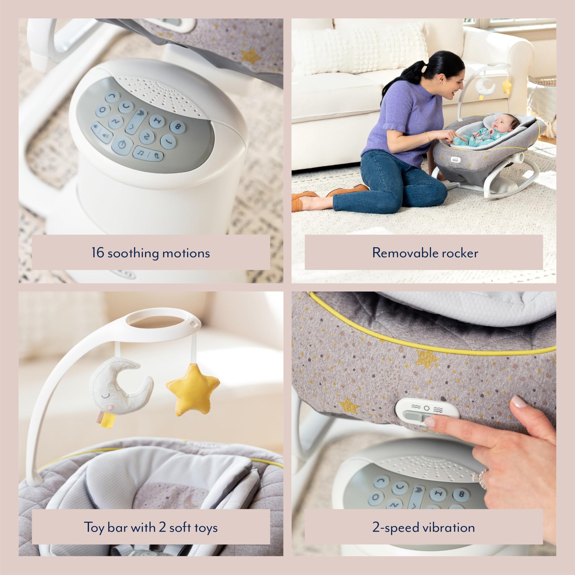 Graco All Ways Soother 2-in-1 baby swing and rocker with starry pattern, featuring vibration and adjustable swing speed for infants.