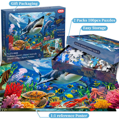 SITODIER 2 Sets 100PCS Undersea World and Forset Animals Jigsaw Puzzles for Kids Boys Gilrs 3 4 5 6 7 Years Old, Educational Learning Toy Birthday Gifts