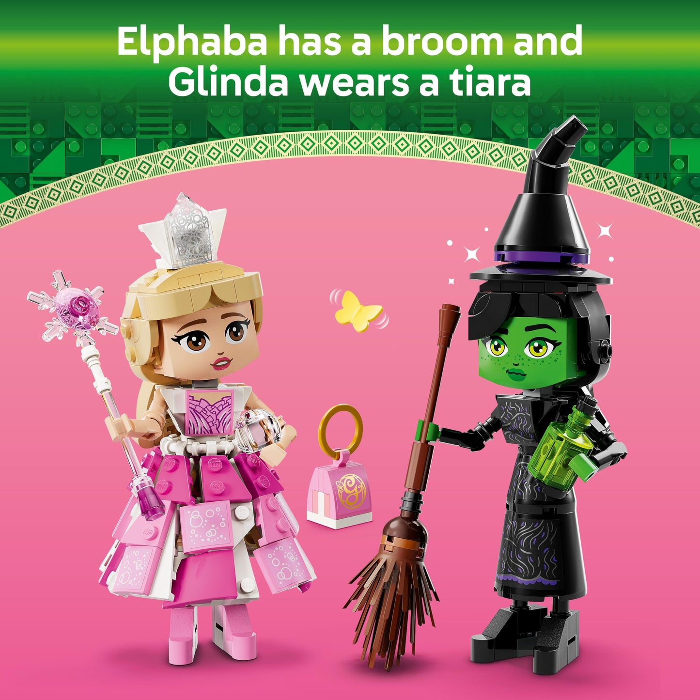 LEGO Wicked Elphaba & Glinda Figures - Play and Display Toy with Accessories incl. a Broom, Crown & Purse plus a Window Scene - Gift for 10+ Year Old Girls & Movie Fans - 75682
