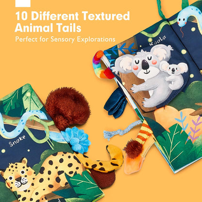 Soft sensory jungle tails baby book by hahaland, featuring crinkle paper and touch-and-feel elements for infants.