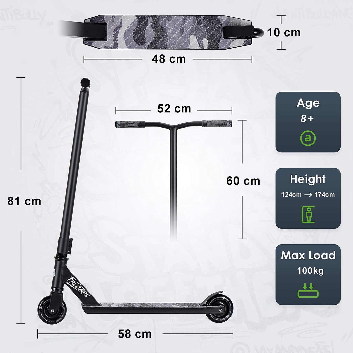 FREEDARE Pro Stunt Scooter Complete Trick Scooter for Kids 8 Years and Up, Teens, Adults, Boys and Girls, Freestyle Street for Intermediate and Beginner Skate Park (Black)