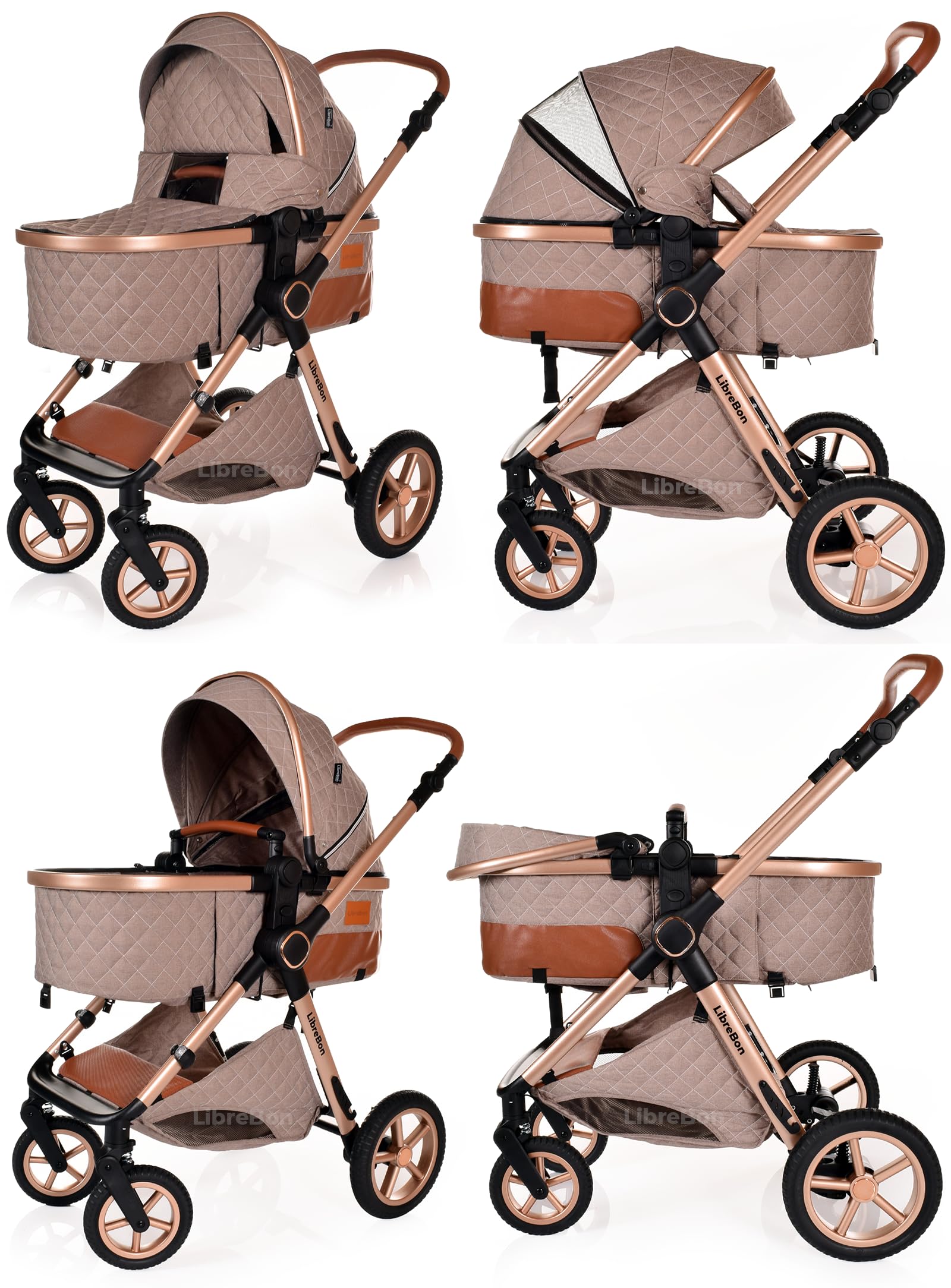 Boneelook 3-in-1 lightweight baby buggy pram and stroller with beige fabric and rose gold aluminum frame, suitable for newborns and toddlers.