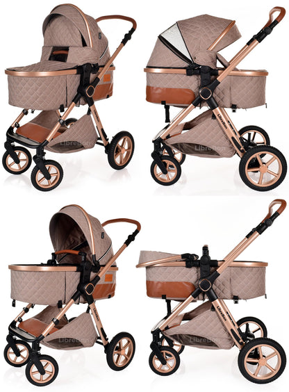 Boneelook 3-in-1 lightweight baby buggy pram and stroller with beige fabric and rose gold aluminum frame, suitable for newborns and toddlers.