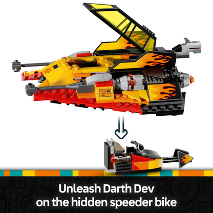 LEGO Star Wars 75414 Snowspeeder building toy with 3 minifigures, lightsabers, and a speeder bike on a snowy landscape.