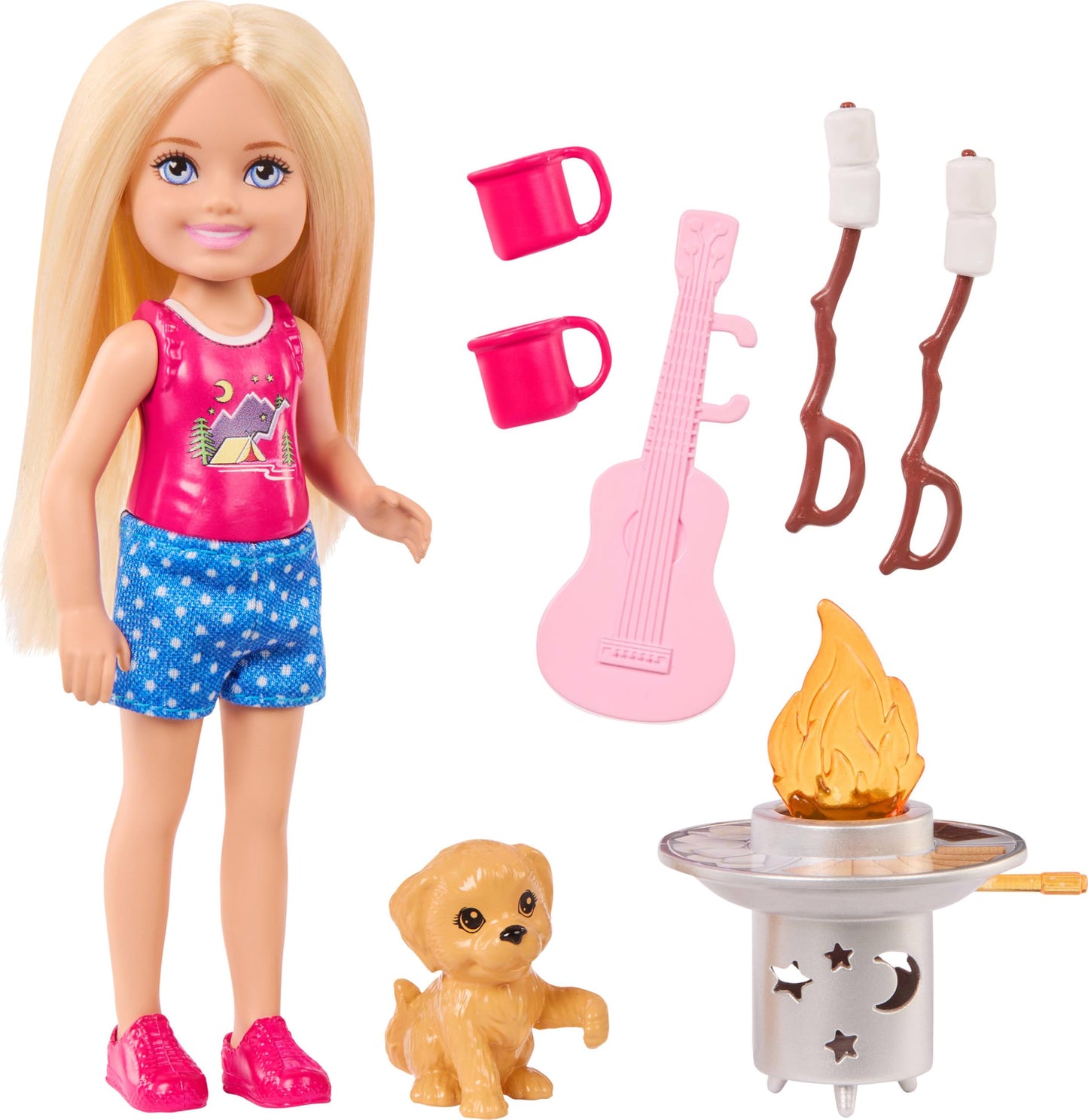 Barbie Chelsea Outdoor Adventures Playset, Family & Friends Set with Small Blonde Doll, Pet Puppy & 5+ Camping Accessories, JJV61