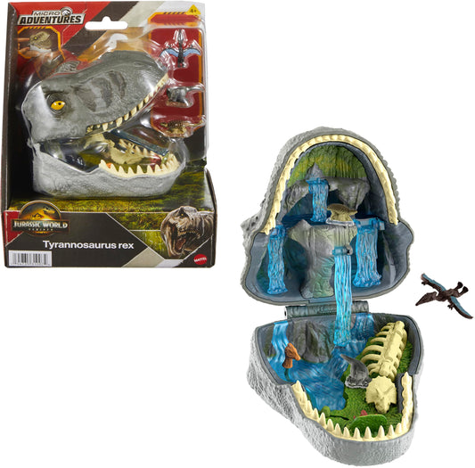 Mattel Jurassic World Rebirth Micro Adventure Playset, Tyrannosaurus Rex Head Opens to 4 Interactive Features, 3 Micro Figures, T. Rex Dinosaur Toy, JGB97