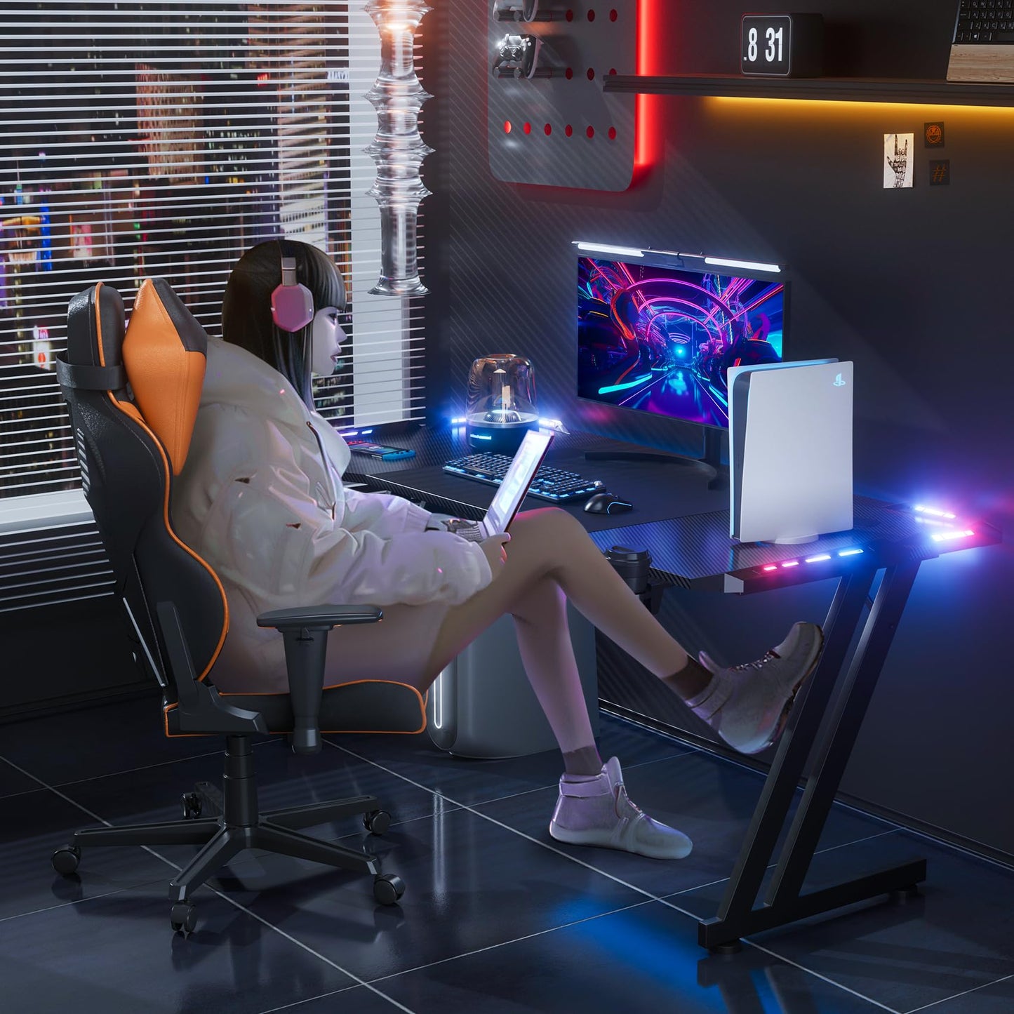 DLONGONE Gaming Desk with LED Lights, 120 x 60 cm Gaming Table Z Shaped, Gamer Desk with Carbon Fiber Coated, Gaming PC Table with Headphone Hook and Cup Holder, Computer Desks Easy to Assemble, Black