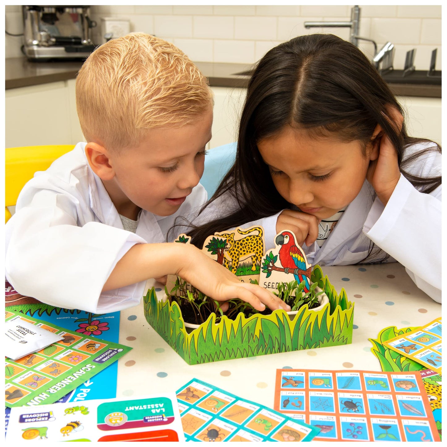Galt Nature Lab Science Kit for Kids showing plants, rainforest scene, and tools for STEM experiments and nature exploration.