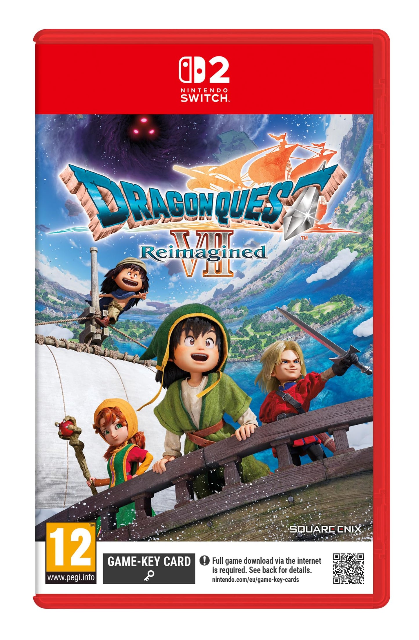 Nintendo Switch game cartridge for Dragon Quest VII Reimagined by Bandai Namco, featuring colorful fantasy artwork on the label.