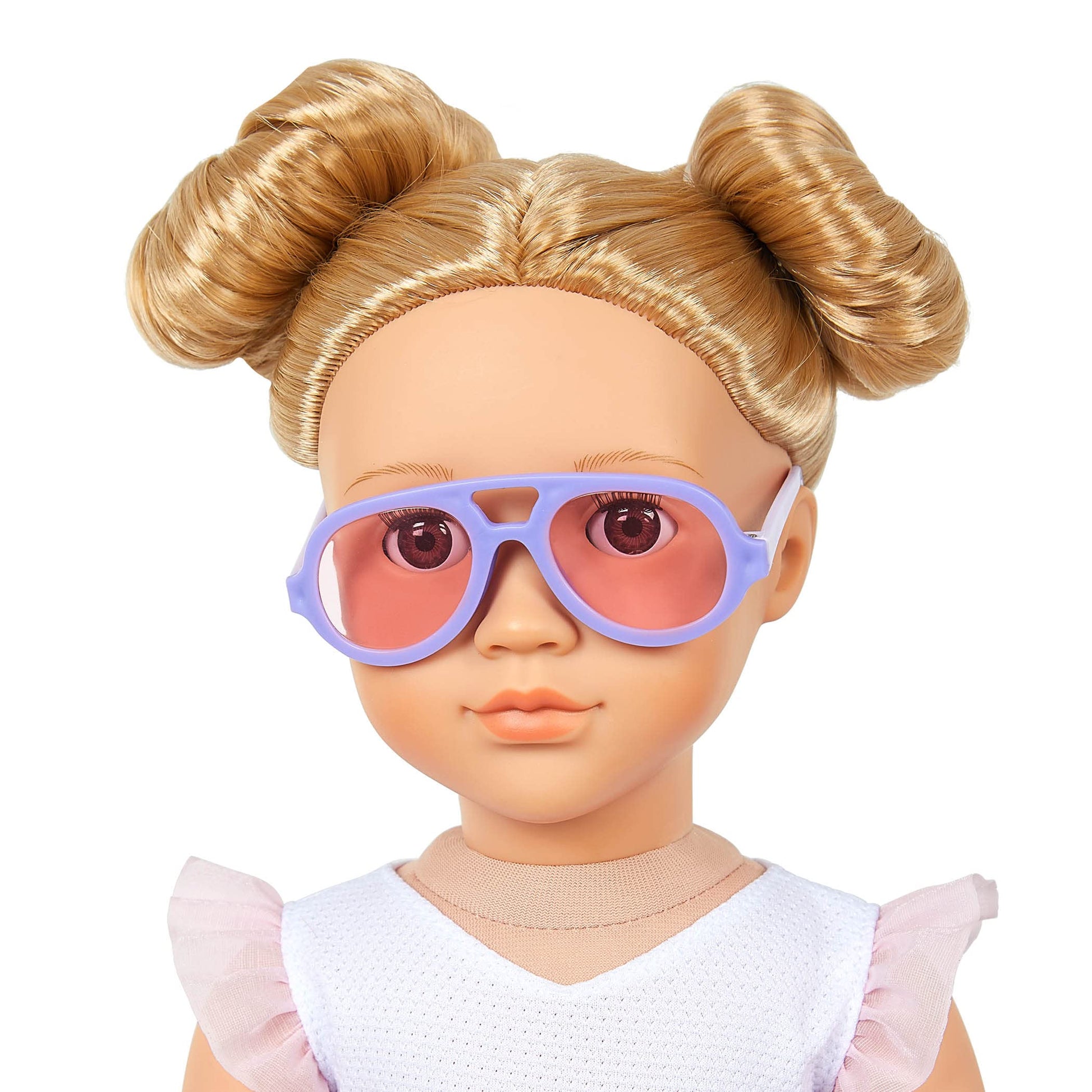 Our Generation doll Thea with blonde hair, hazel eyes, and bow-themed outfits in a gift box for pretend play.