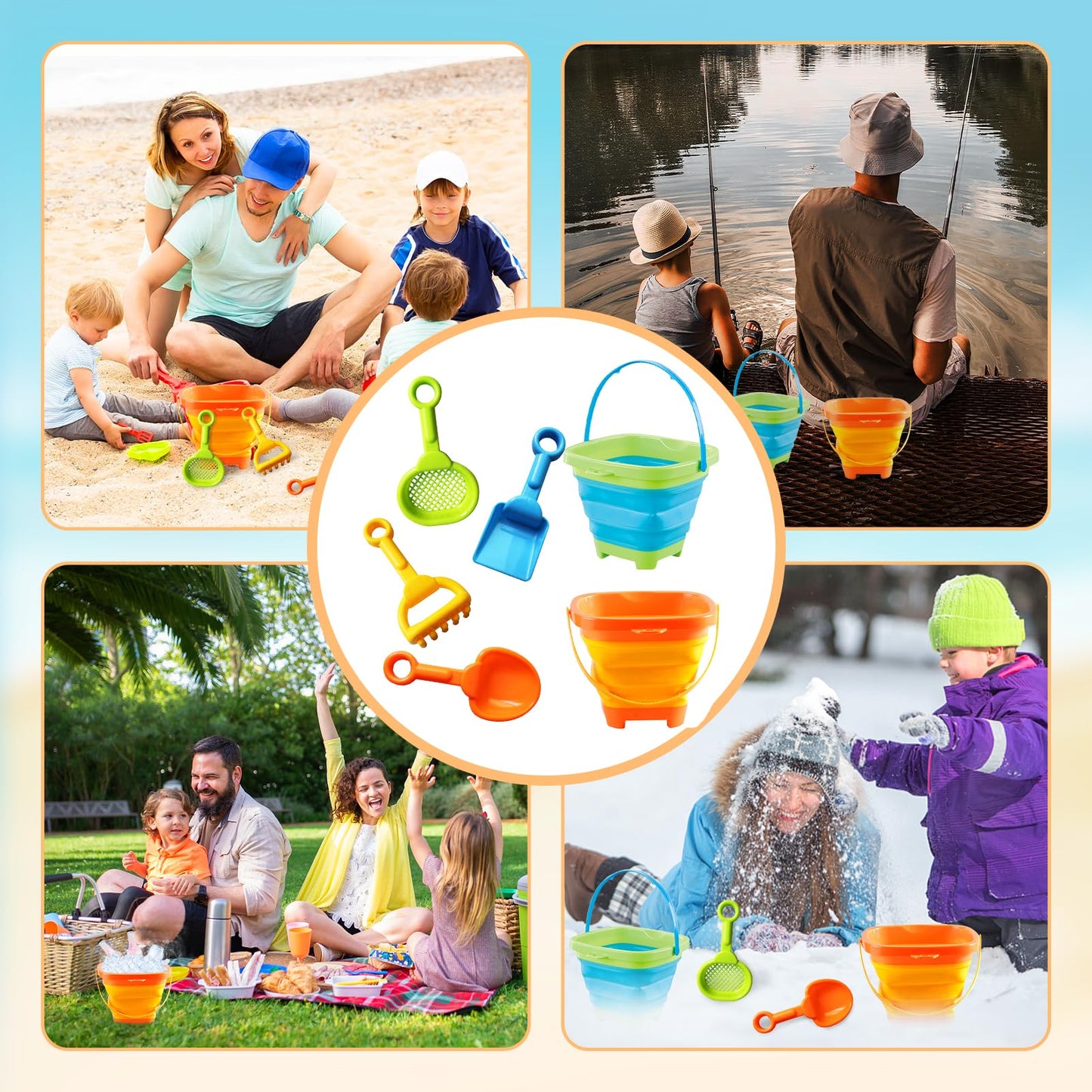 Aonuily Bucket and Spade, Beach Toys Set for Kids Play Sand with Handle Foldable Buckets with Shovels Scoop Rake Sifter Summer Outdoor Activities for Beach Party Gift