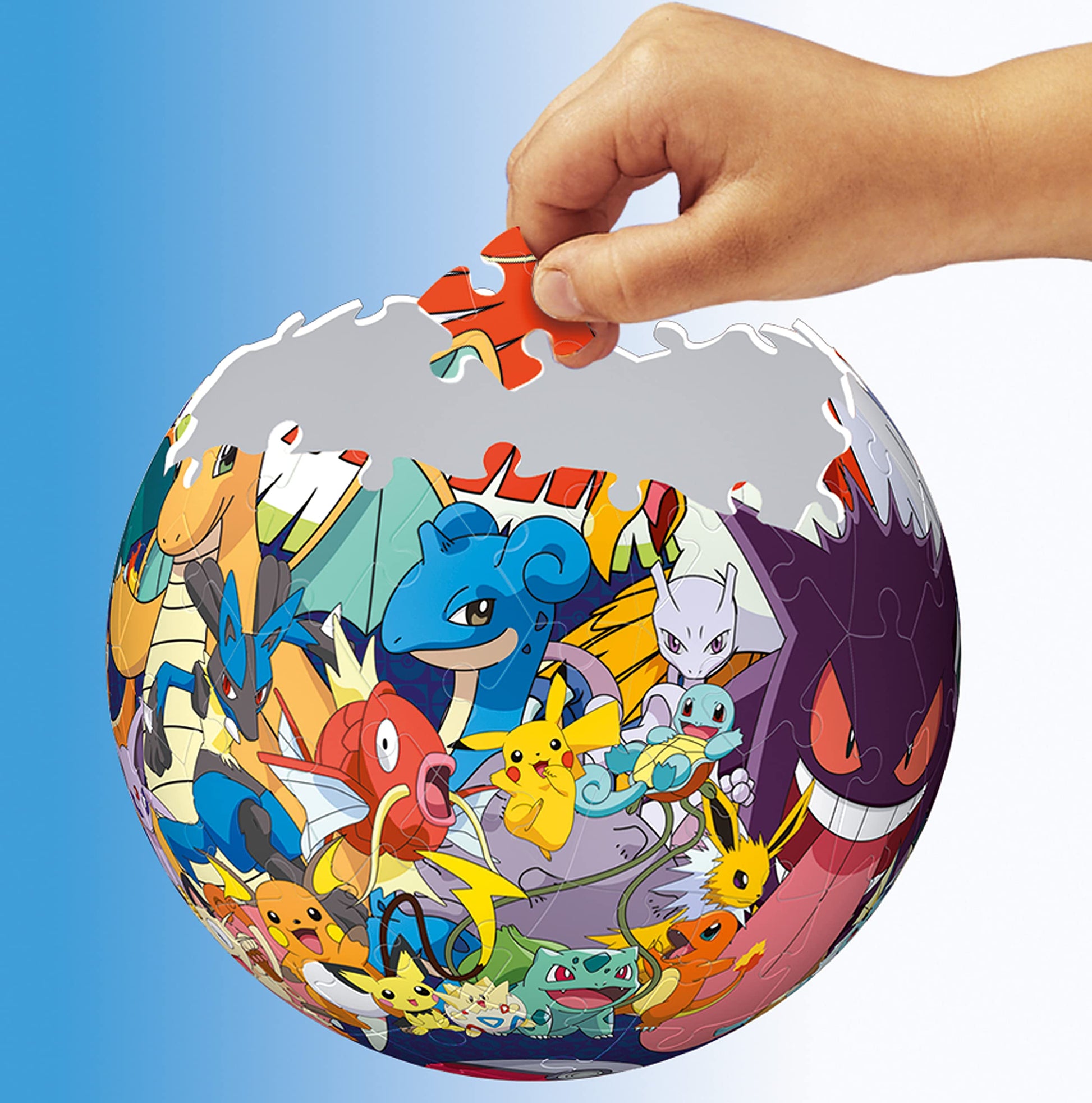 Ravensburger Pokemon 3D jigsaw puzzle ball showing vibrant puzzle pieces for kids aged 6 and up, no glue required.