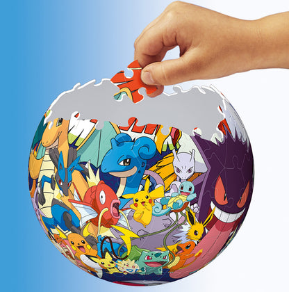 Ravensburger Pokemon 3D jigsaw puzzle ball showing vibrant puzzle pieces for kids aged 6 and up, no glue required.