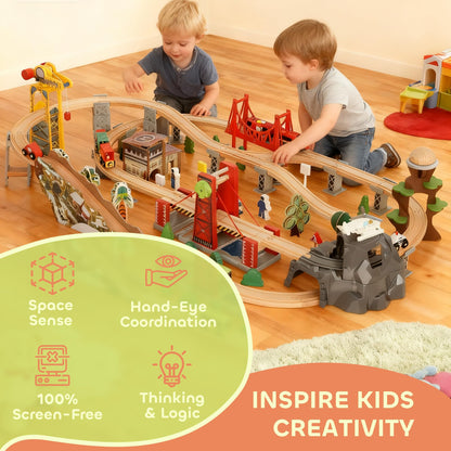 AIYAPLAY wooden train set with 100 pieces including tracks, crane, bridge, helicopter, suitable for kids ages 3+