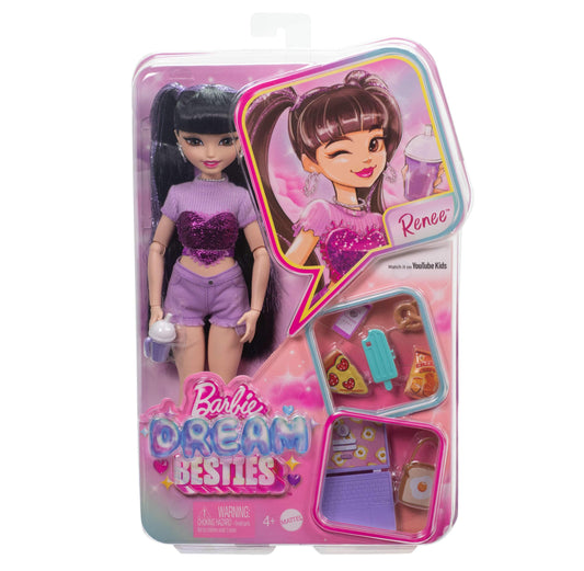 Barbie Dream Besties playset featuring Renee doll with long black hair and 11 food and video-themed accessories.
